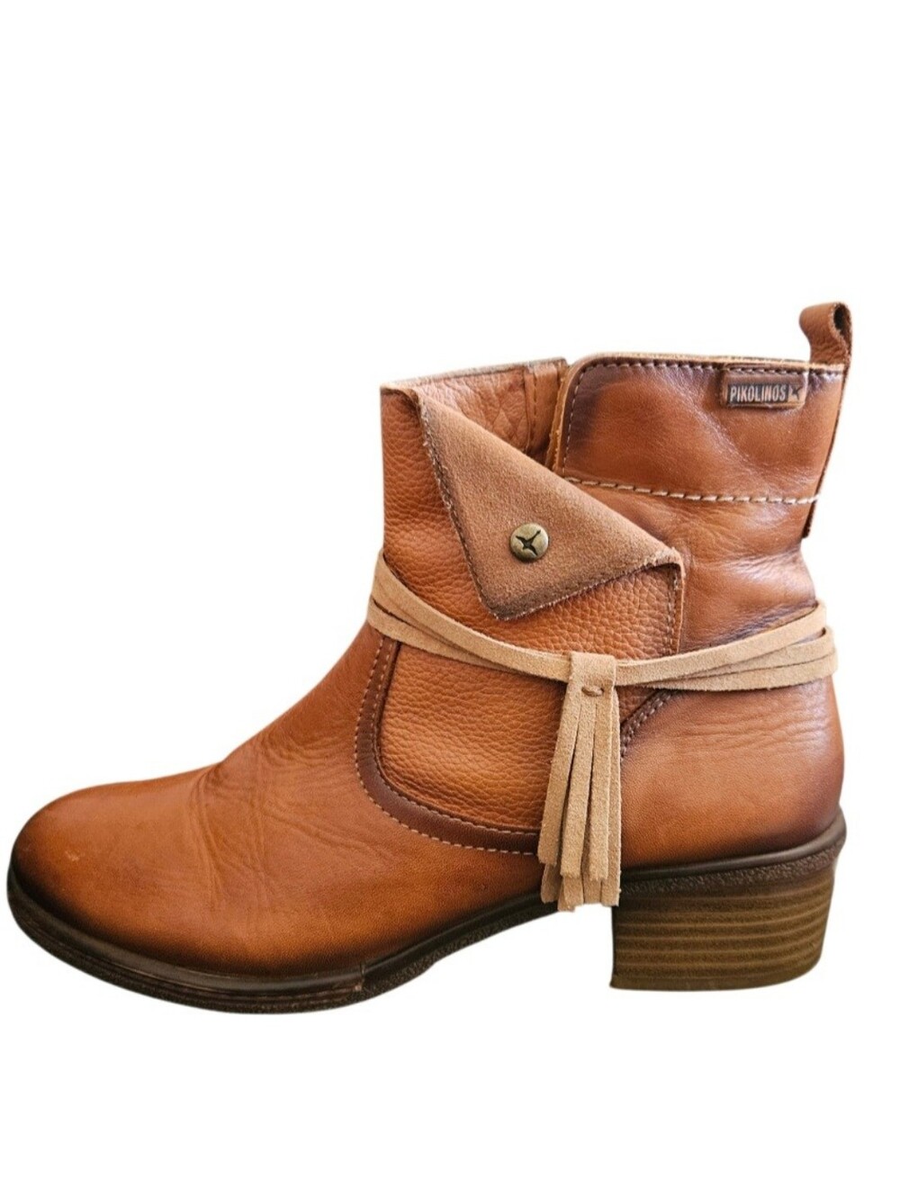 PIKOLINOS Cognac Western Leather Tassel / Fringe Ankle Boots Size 39 (8.5)